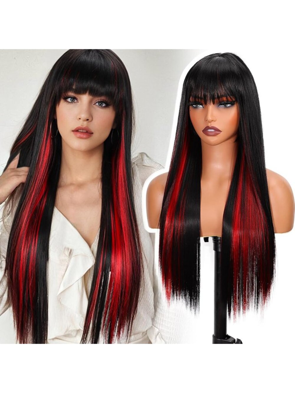 26Inch Women's Black Ruby Red Straight Synthetic Highlight Wig with Bangs